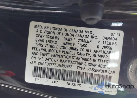 2013 Honda Civic Lx из США, поврежденный, VIN 2HGFB2F55DH593988